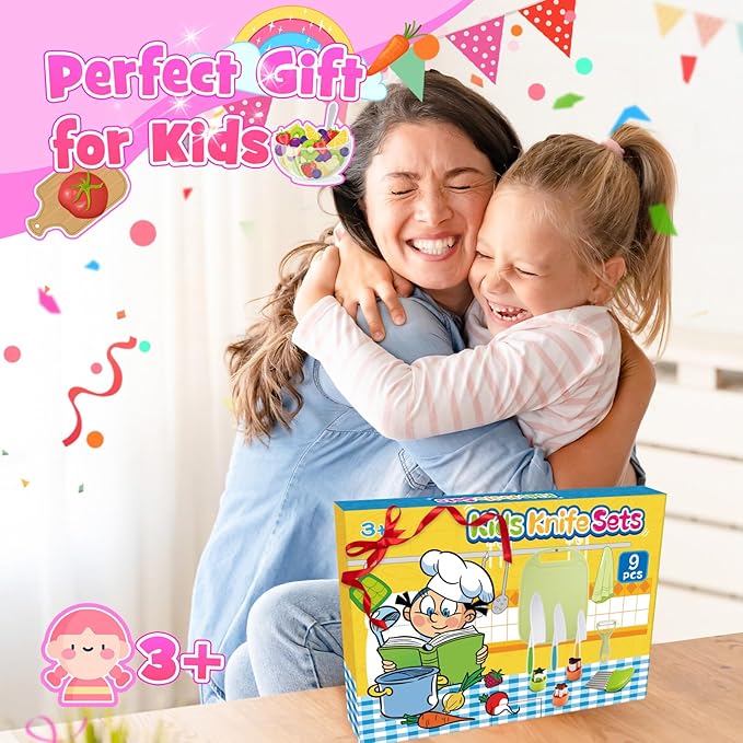 9 Pcs Kids Safe Knife Set for Real Cooking, Kids Kitchen Knife Set with Cutting Board,Crinkle Cutter,Sandwich Cutter, Montessori Kitchen Tools for Toddlers Kid 3-10 Years Old Girl Boy Birthday Gifts