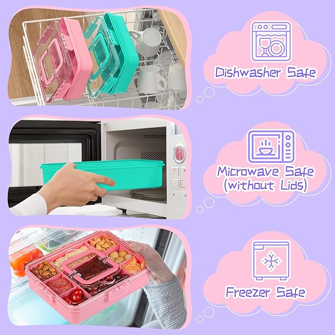 Xyptorix Snack Box Container for Kids - Adjustable 12-Compartment Snack Containers, Reusable Bento Box, Dishwasher Safe, BPA-Free, Perfect for School, Travel, Camping & Picnic, Pink & Green, Large