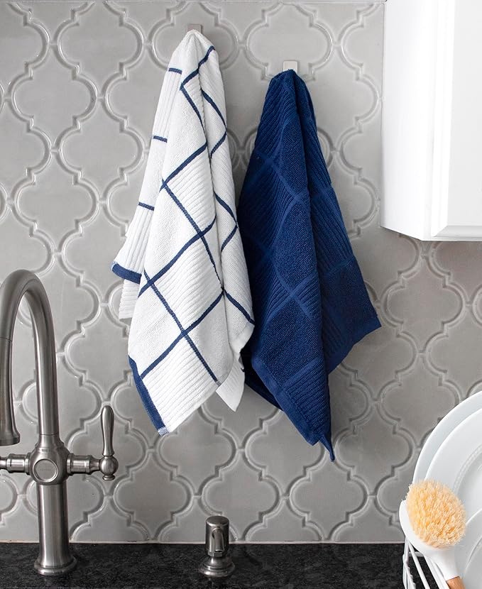 T-Fal Solid & Checked Parquet Kitchen Towels: Highly Absorbent, Super Soft Long Lasting - 100% Cotton, 16"x26" Dish Towels for Cleaning & Drying Dishes, Pans, Glassware, Countertops, 6-Pack, Blue
