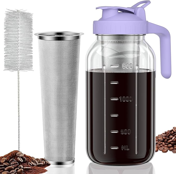 JunVpic Cold Brew Coffee Maker Jar - 64oz Thick Glass Multipurpose Mason Pitcher Spout Lid with Handle & Stainless Steel Filter for Iced Coffee, Lemonade, Ice Tea, Homemade Fruit Drinks Container