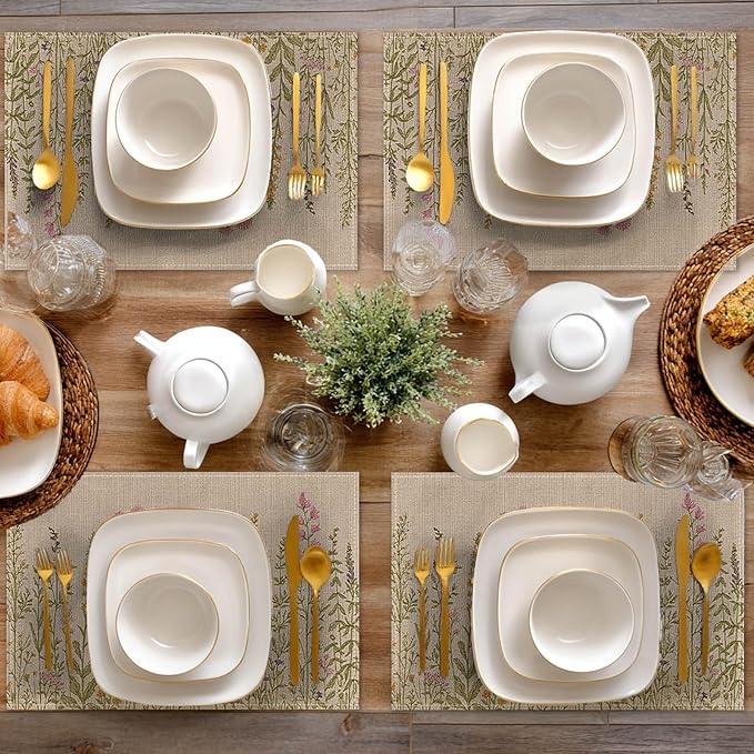 HOMETITUTE Wildflower Placemats Set of 4 Linen 12x18 Inch Washable Table Mats with Botanical Floral Design Decorative Table Placemats Set of 4 for Farmhouse Kitchen Dining Spring Summer Decor