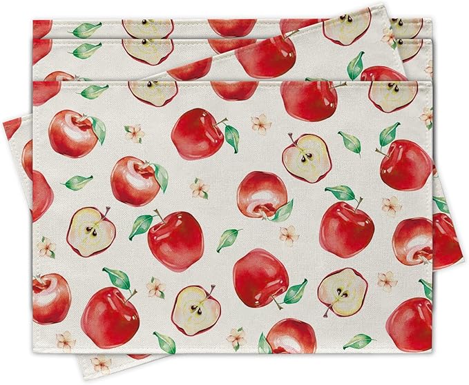 Watercolor Apple Placemats Set of 4, Spring Summer Sweet Fruit Dining Table Place Mats, Farmhouse Kitchen Decor Home Decoration 12 x 18 Inches