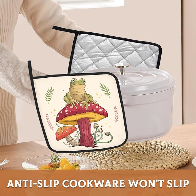 2PCS Green Frog Pot Holder with Loop,Mushroom Heat Resistant Oven Pads, Hot Pat for Kitchen Cooking Baking Food