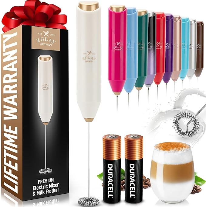 Zulay Kitchen Powerful Milk Frother AA Batteries Included – Ultra Fast Handheld Drink Mixer with Stainless Steel Whisk Stirrer for Coffee, Protein, Matcha & More, Frother Wand Electric Frothmate Cream