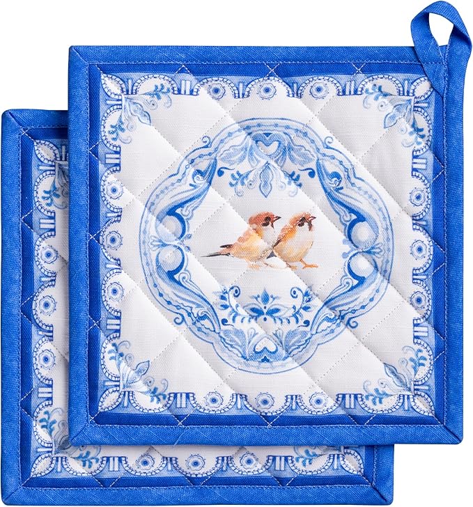 Maison d' Hermine Pot Holders 100% Cotton Heat Resistant Potholders 8" x 8" Hot Pads with Loop Cooking Baking Gifts for Mothers Day Handling Hot Pans Spring/Summer (Pack of 2, Amsterdam Canals)