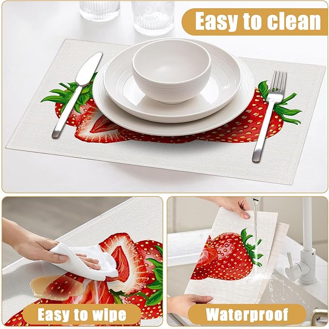 Strawberry Placemats Set of 6, Spring Summer Linen Place Mat Washable Stain Resistant Table Mats for Farmhouse Kitchen Dining Party Wedding Decor 12x18 Inch