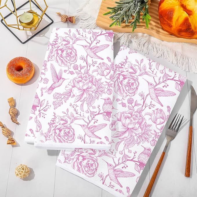 Pink Floral Kitchen Towel Flower Birds Dish Towel 18 x 28 Inch Hand Drying Tea Towel for Cooking Baking Party Supplies, 2Pcs