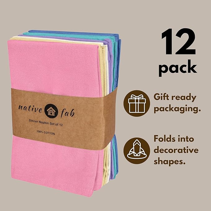 Native Fab Premium Multicolor Cloth Napkins 12 Pack, 100% Cotton, 17"x17", Soft, Reusable Table Linen, Ideal for Easter Brunch, Dinner, Spring Parties, Weddings, Holidays, Assorted Pastel Colors