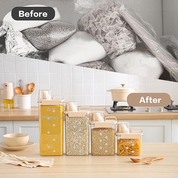 Air Tight Cereal Container Organizer Set of 6 Brown - 1800ML & 2300ML Total 417oz, Dry Food Storage for Pet Food, Rice, Oatmeal with Pour Spout Lid and Plastic Small Measuring Cup for Flour and Sugar