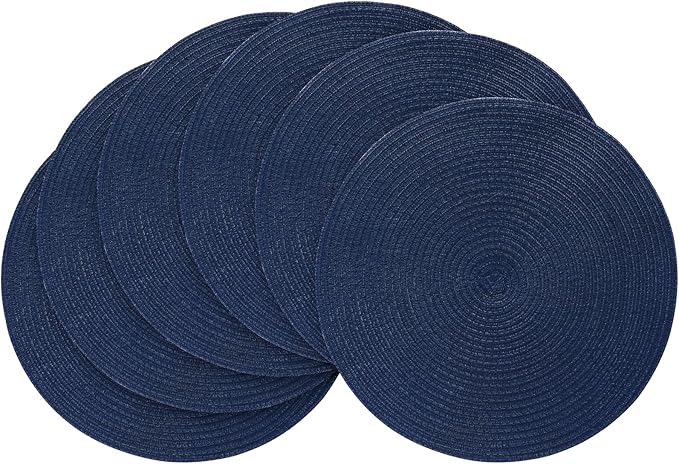 Floroom 15 Inch Round Braided Placemats Set of 6, Washable Heat Resistant Cotton Polyester Circle Place Mats for Kitchen Dining Table - Navy Blue