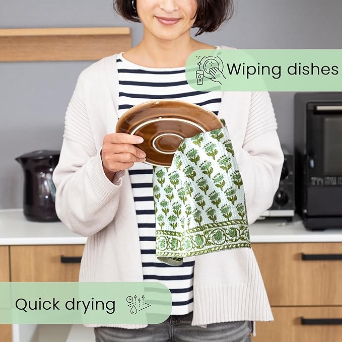 CPC Emerald Green Hand Block Print Waffle Kitchen Towel Set of 3-16 x28 Ultra Absorbent Quick Dry 100% Cotton Dish Towels Lightweight Reusable Sustainable Tea Towels for Cleaning and Drying