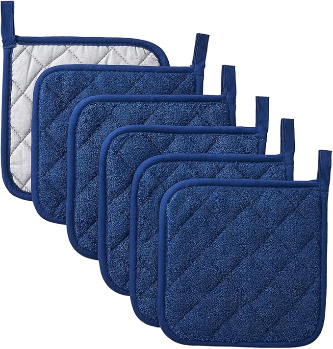Kitchen Pot Holders Set Heat Resistant Pure Cotton Potholders Kit Trivets Large Coasters Hot Pads Terry Pot Holders for Everyday Cooking and Baking by 7 x 7 Inch Set of 6 Dark Blue