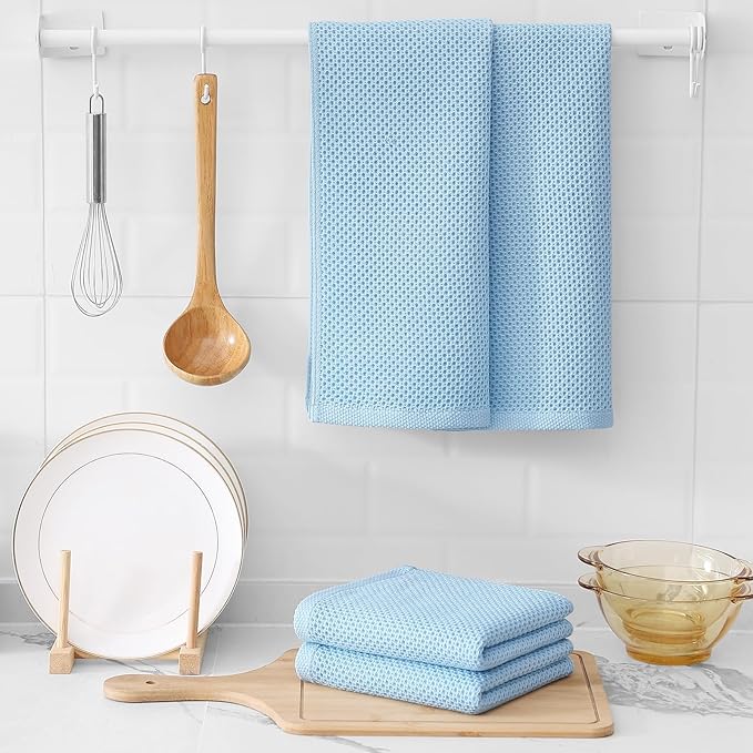 Kitinjoy 100% Cotton Waffle Weave Kitchen Hand Towels (13 X 28 Inches, Sky Blue), 6-Pack Super Soft and Absorbent Dish Towel for Drying Dishes