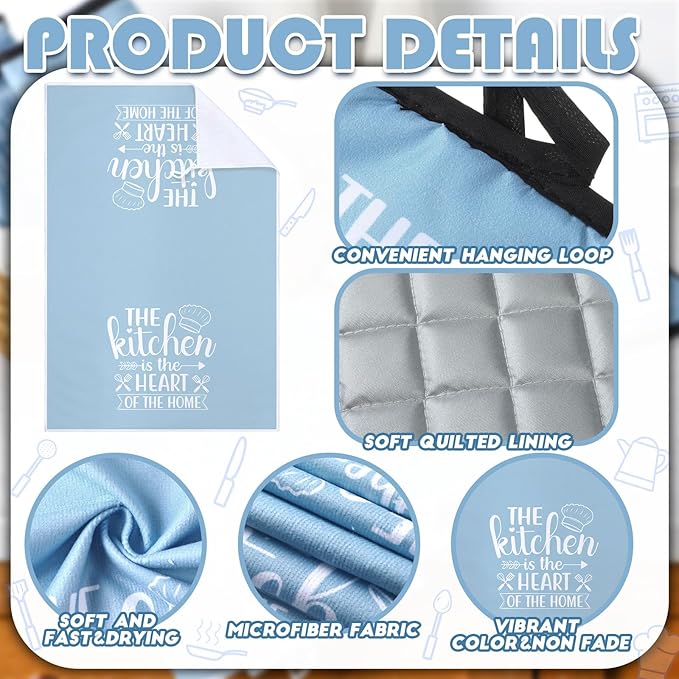 Sratte 6 Pcs Kitchen Decor Accessories Set Farmhouse Towels Pot Holders Oven Mitts Set 2 Dish Towels 2 Potholders 2 Cooking Mittens Oven Glove for Christmas Baking Cooking Supply(Light Blue,Kitchen)