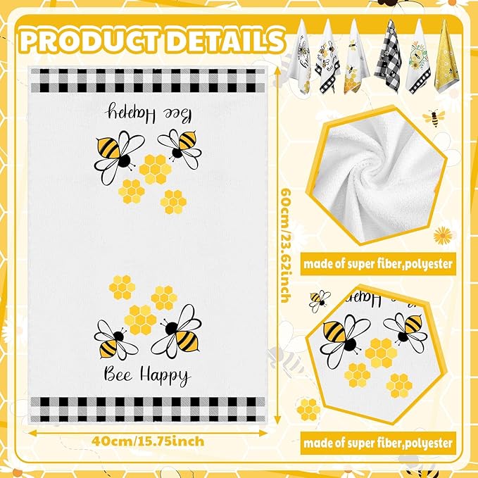 Oudain 6 Pcs Bee Kitchen Towels Honey Bee Kitchen Decor 15.8 x 23.6 Inches Dish Hand Tea Towels for Bathroom Home Housewarming Gifts