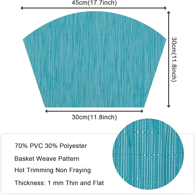 SHACOS Wedge Shape Placemats Set of 4 Round Table Placemats Heat Resistant Woven Vinyl PVC Table Mats Indoor Outdoor Wipe Clean (4, Teal Blue)