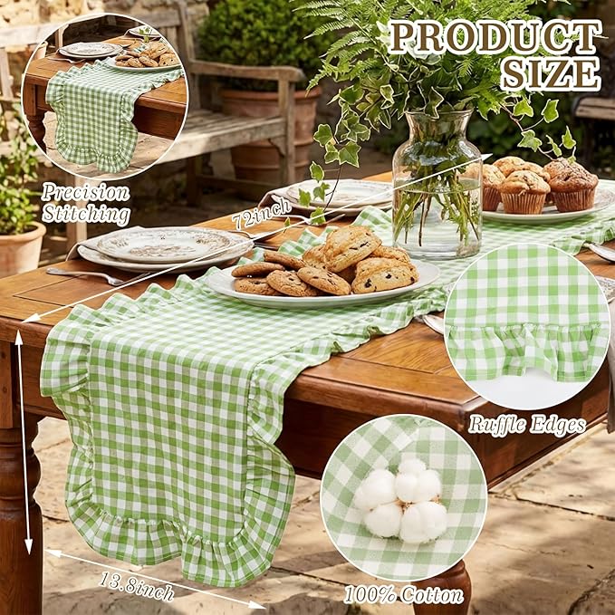 HunnmingRe 1 Pcs Light Green Plaid Gingham Ruffle Table Runner 72 x 13.8'' Farmhouse Easter Table Runner 100% Cotton Scalloped Long Dresser Scarves for Dining Room, Wedding, Kitchen Rustic Home Decor