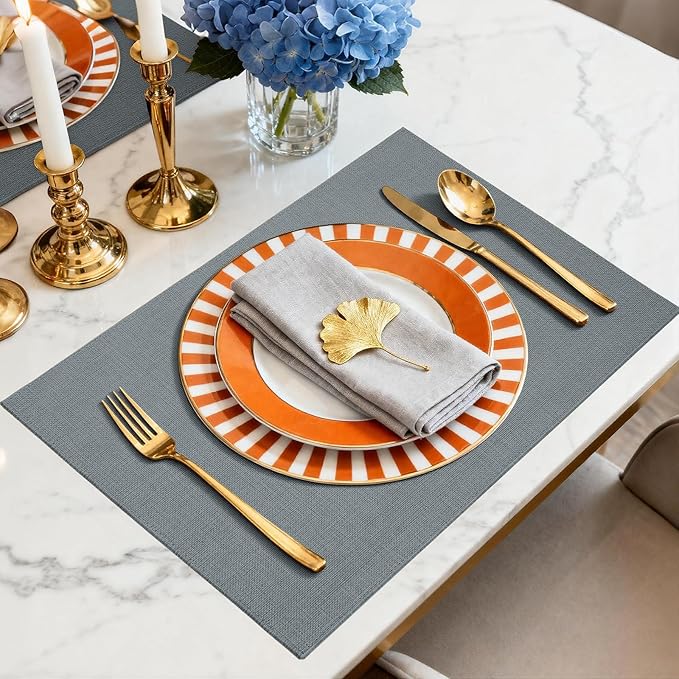 Placemats Set of 6 Linen Type Fabric Cloth Placemats, 18x12 Inch Double Layered Thick Wrinkle Free Heat Resistant Table Place, for Dining, Kitchen, Party (45 * 30cm, Gray)