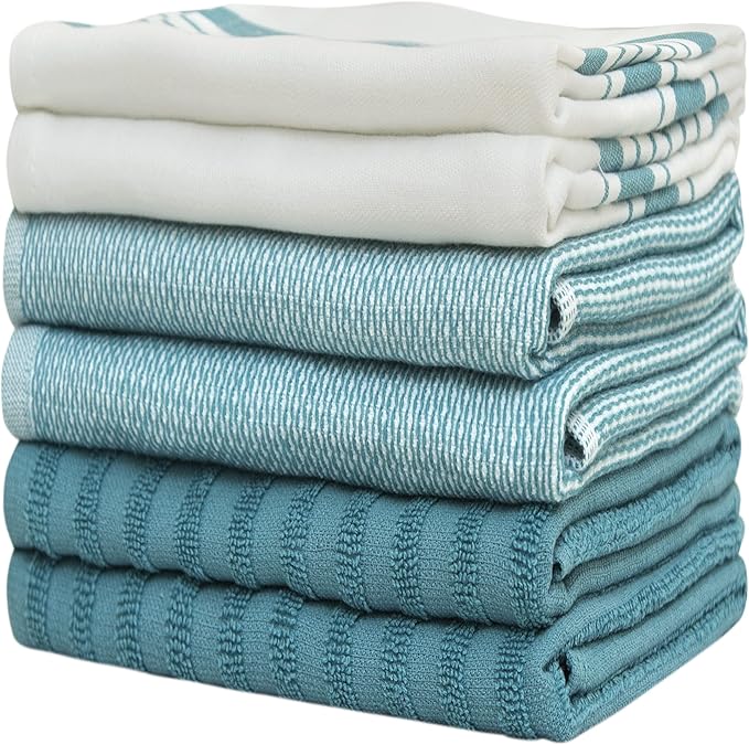 Premium Kitchen Towels (20”x 28”, 6 Pack) | Large Cotton Dish Towels | Flat & Terry Highly Absorbent Kitchen Linen Set with Hanging Loop | Aqua