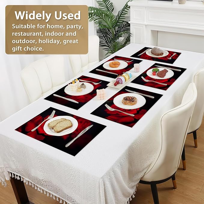 Abstract Red Rose Place Mats Set of 6, Table Mats Heat Insulation Non Slip Washable Dining Placemats for Wedding Holiday Party Kitchen Decor 12X18 in