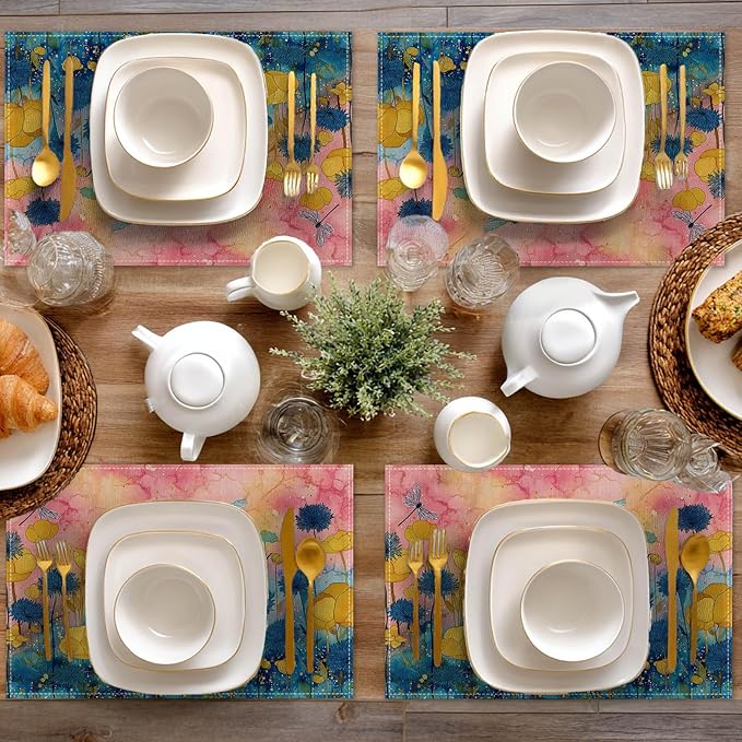 HOMETITUTE Linen Placemats Set of 4 12x18 inch Spring Table Mats for Dining Table Colorful Floral Farmhouse Decorations Kitchen Decor Desk Mat for Outdoor Home Party Kitchen Seasonal Dining Decor