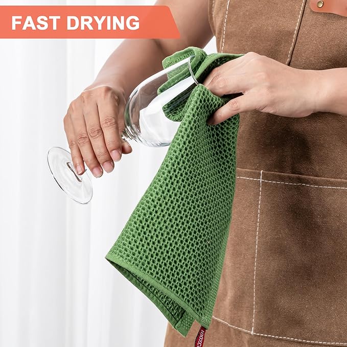 BOOMIBOO 8-Pack Kitchen Dish Cloths, 100% Cotton Waffle Weave, Ultra Soft Absorbent, Quick Drying Dish Towels, 12x12 Inches,Grass Green