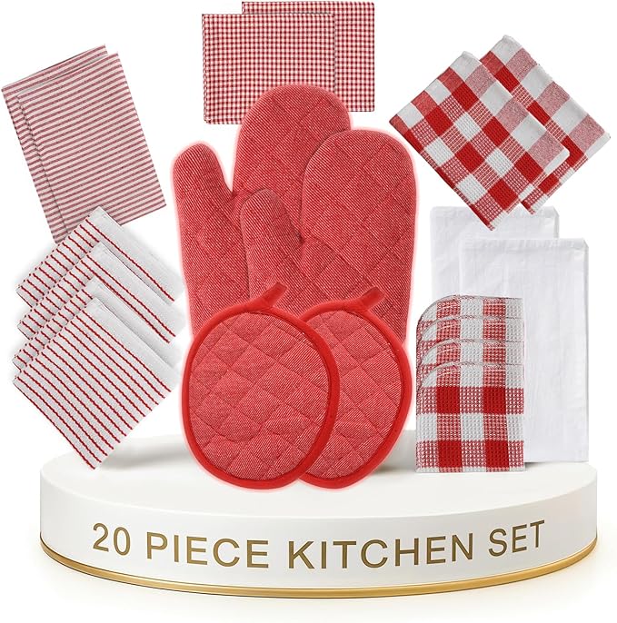 LANE LINEN Kitchen Towels Set - 6 Absorbent Hand Towels, 4 Dish Cloths, 4 Waffle Scrubbers, 2 Flour Sack Towels, 2 Potholders & 2 Oven Mitts - Red