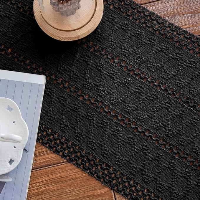 Alynsehom Macrame Table Runner Pure Black Boho Table Runners with Tassels Hand Woven Cotton Table Runner Rustic Farmhouse Table Runners for Bohemian Kitchen Dining Table(12x60in)