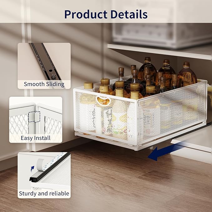Pull Out Cabinet Organizer, No Drill Adhesive Sliding Drawers for Kitchen, Metal Mesh Wire Storage Shelf for Pantry & Under Sink, White (9.6" W x 15.7" D x 8.4" H)