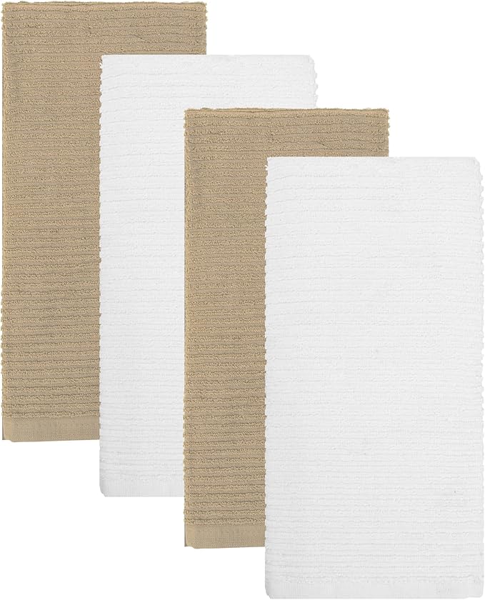 MosJos Kitchen Hand Towels Set of 4 Cotton Ribbed Taupe and White Hand Towels, 18 x 28 Super Absorbent Drying Cloth Kitchen Linens