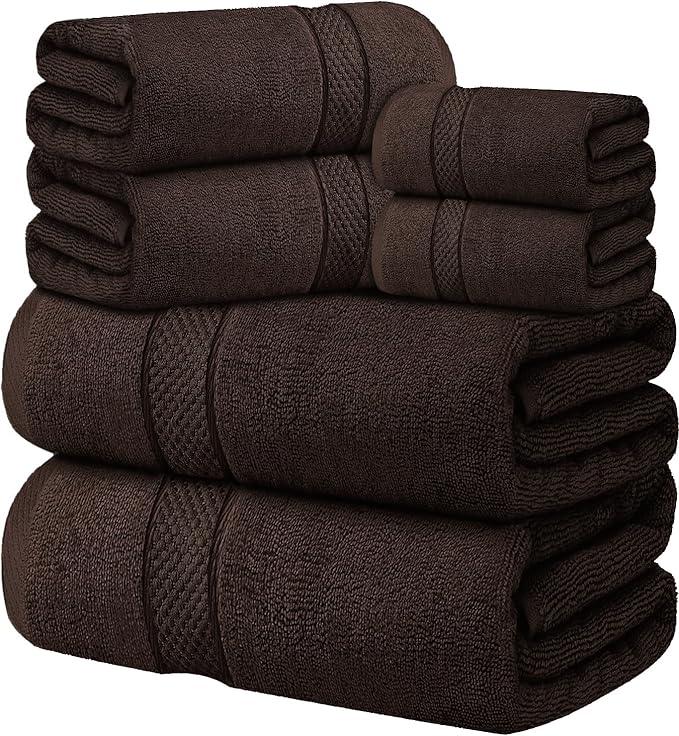 Oakias Premium Towel Set 600 GSM 6 Piece Brown - 100% Ring Spun Cotton Highly Absorbent Towels Set - Super Soft Bathroom Towel Set - Hotel Quality Double Stitched Hem - Ideal for Hotels, Spa, Gyms