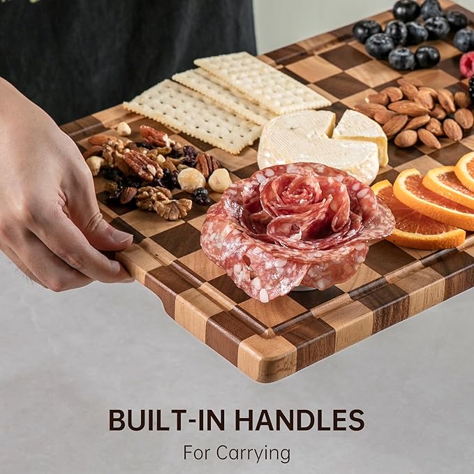 Checkerboard Cutting Boards for Kitchen, Acacia Wooden Cutting Board, End Grain Chopping Board with Juice Groove, Serving Tray for Meat, Vegetables, Fruits, Bread, Cheese, 14" X 11" X 0.8"