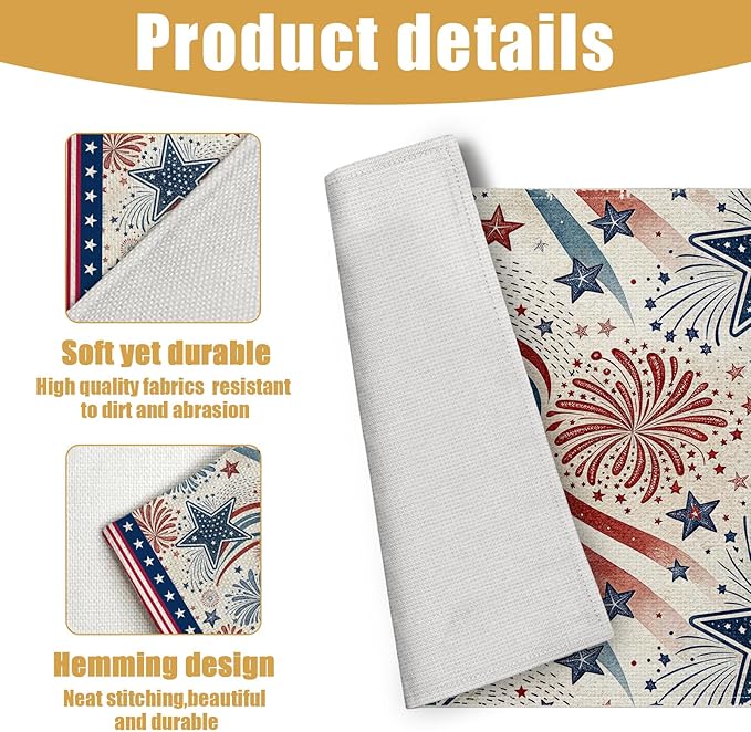 4th of July Placemats Set of 6, American Star Linen Place Mat Washable Stain Resistant Table Mats for Farmhouse Kitchen Dining Holiday Party Wedding Decor 12x18 Inch