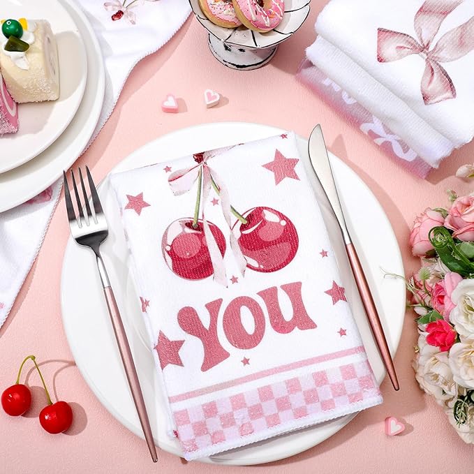 Oudain 6 Pieces Pink Coquette Kitchen Dish Towel Bow Cherry Aesthetic Hand Towels Set for Kitchen Bathroom Decoration Preppy Novelty Pink Gifts for Women