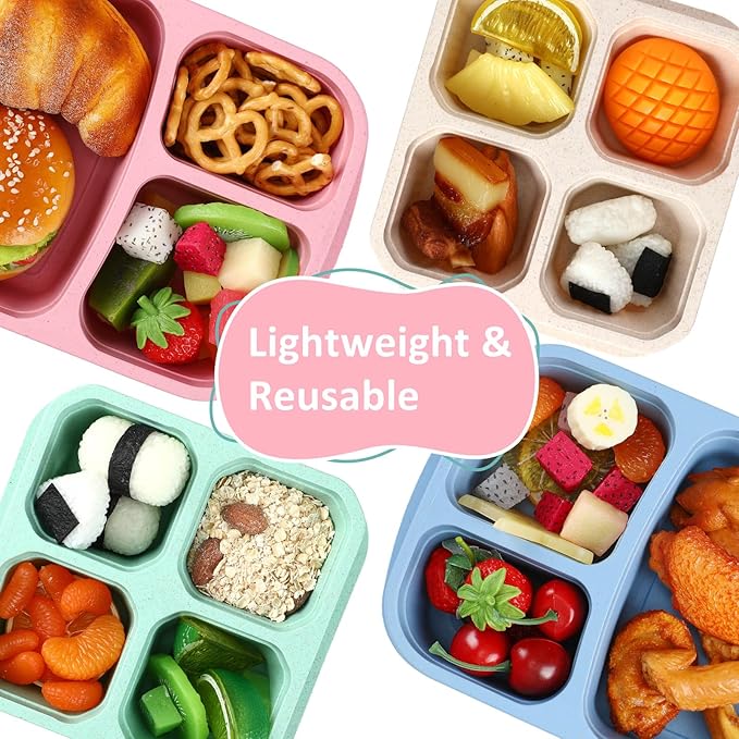 Yaomiao 16 Pack 3 and 4 Compartment Bento Lunch Box Wheat Straw Divided Snack Containers Food Storage Plastic Reusable Meal Prep Container with Transparent Lids for Adults Work Travel, Blue Pink