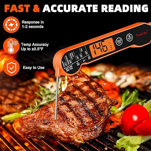 Professional Digital Meat Thermometer Instant Read Waterproof – Folding Probe Food Thermometer with Backlight & Calibration, Fast Read for BBQ, Grill, Deep Fry, Liquids, Gift for Chef (Orange)