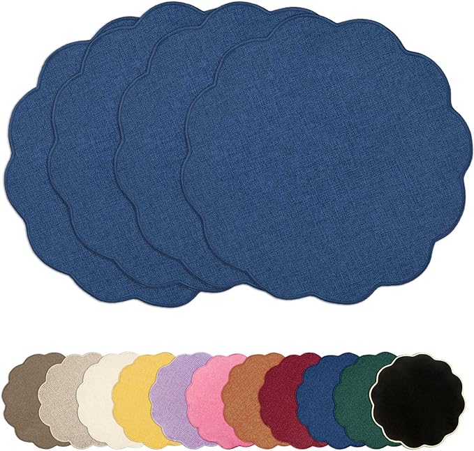 AHHFSMEI Round Faux Linen Placemats Set of 4 Heat Resistant Non-Slip Stain Proof Table Mats for Kitchen Dining Elegant Decor Place Mats (Navy Blue,4)