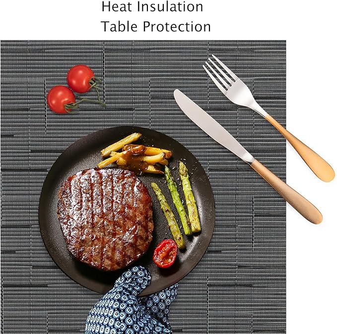 Myir JUN Placemats Set of 8, Vinyl Woven Placemats Place Mats Indoor Set of 8 Washable Table Mats Non-Slip Place mats for Dining Table (Black-Gray, Set of 8)