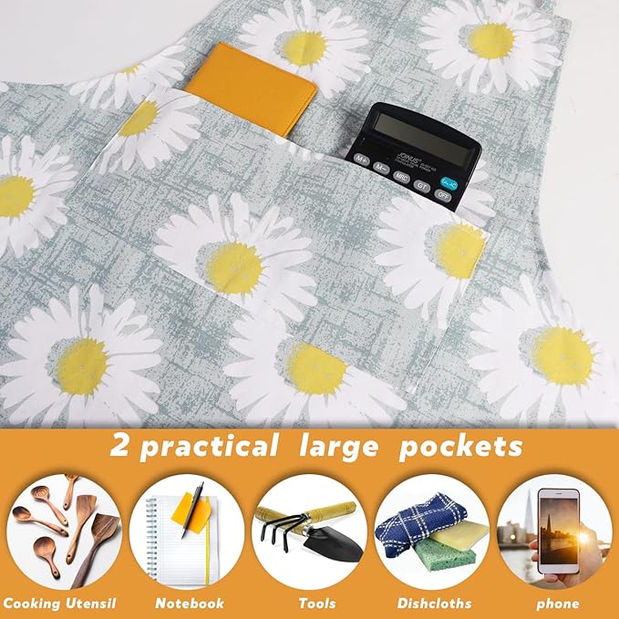 Sanlykate Extra Large Canvas Cotton Apron for Men & Women, Plus Size Durable Aprons with 2 Pockets, Adjustable Bib Machine Washable Oversized Aprons for Baking, Cooking, Painting - Sunflower