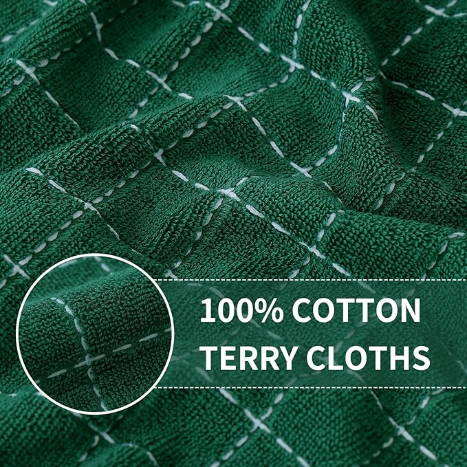 Homaxy 100% Cotton Terry Kitchen Towels(Dark Green, 13 x 28 inches), Checkered Designed, Soft and Super Absorbent Dish Towels, 2 Pack