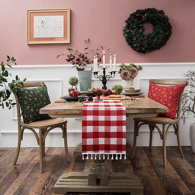 DUOBAO Buffalo Plaid Table Runner with Tassels 14x72-Inch Red and White Farmhouse Decoration Checker Tables Runners Farmhouse Decor Checked Runner (14x72-Inches)