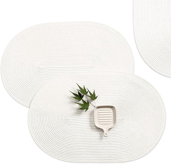 AHHFSMEI Placemats Set of 6 for Dining Table Washable Woven Non-Slip 18x12 inches Placemat Heat-Resistant Durable Table Mats for Dining Table Easy to Clean (Oval White,6)