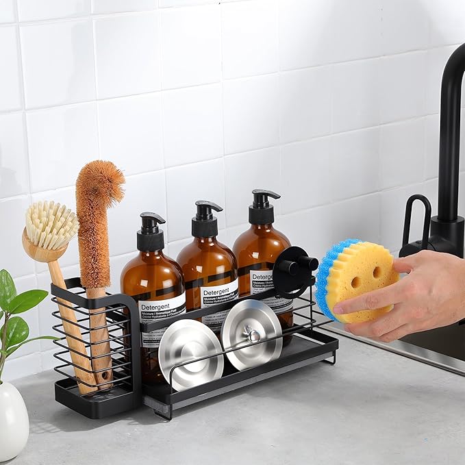 Kitchen Sink Organizer with Instant Drying Stone, Dish Sponge Holder for Kitchen Sink, Stainless Steel Kitchen Brush Holder