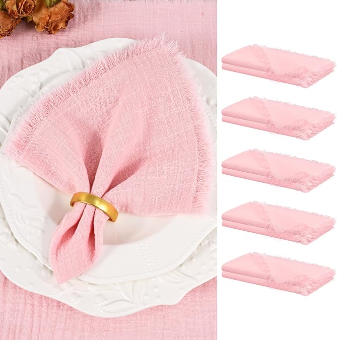 Showgeous 10 Pack Pink Cloth Napkins with Fringe 16x16 inch 100% Cotton Pink Napkins Handmade Dinner Napkins Bulk Washable Soft Rustic Table Napkins for Wedding Parties Bridal Baby Shower
