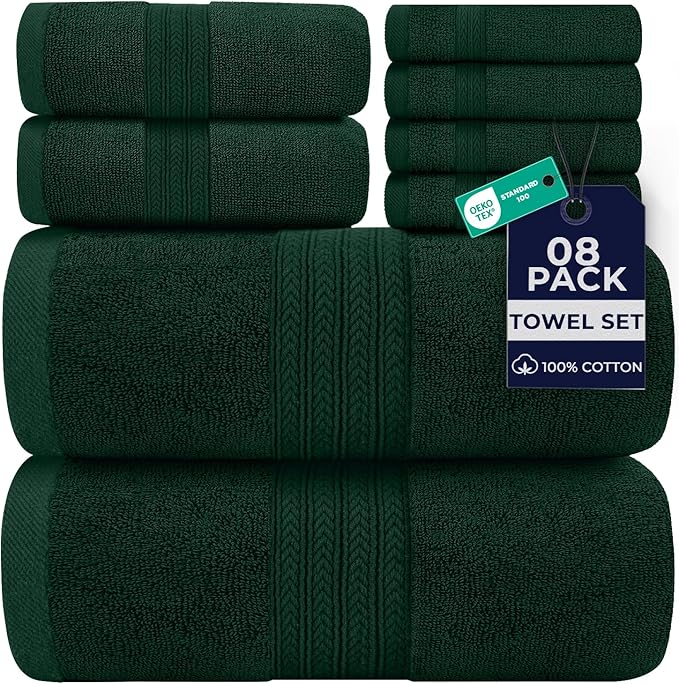 DAN RIVER 8 PC Luxury Bath Towels for Bathroom, 2 Bath, 2 Hand, and 4 Wash Cloths, 600 GSM 100% Ring Spun Cotton Towel Set, Highly Absorbent, Gym, Hotel, and Spa, Hunter Green
