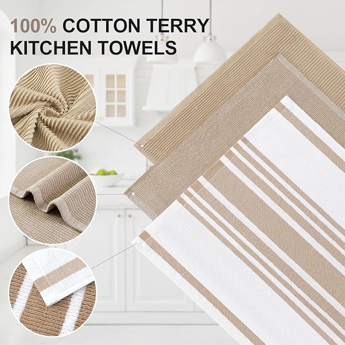 Homaxy Premium Kitchen Towels(18”x 28”, 12 Pack), Large Cotton 380 GSM Kitchen Hand Towels, Soft and Absorbent Terry Dish Towels, Multipurpose Tea Towel Set with Hanging Loop, Khaki