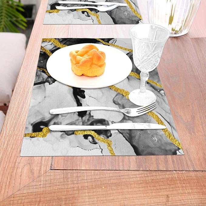 Black White and Gold Marble Linen Placemats Set of 4, Modern Luxury Washable Non-Slip Heat-Resistant Durable Kitchen Table Mats for Dining Table, Luxury Home Kitchen Decor Essential, Black Grey Gold