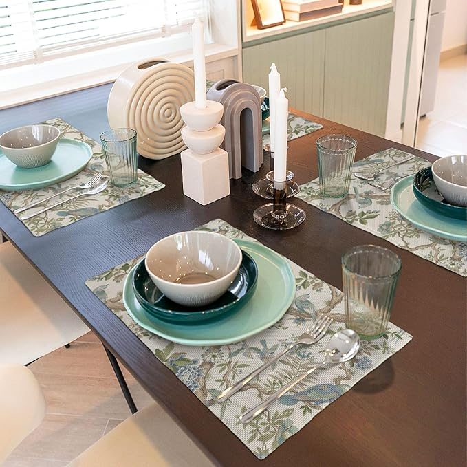 Blue Green Chinoiserie Placemats Set of 4 Spring Vintage Bird Flower Decor Place Mats 12x18 Inch Floral Seasonal Decorative Linen Table Mats for Home Kitchen Dining Party Table Decoration