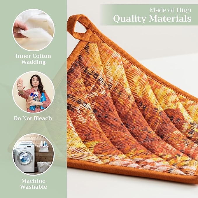 Maison d' Hermine Pot Holders Set 100% Cotton Heat Resistant Potholders 8" x 8" Hot Pads with Loop for Thanksgiving Christmas Decorations Baking Handling Hot Pans (Pack of 2, Thanksgiving Tartan)