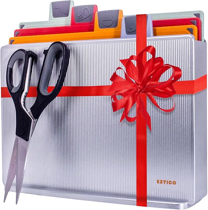 4-Piece Non-Toxic Cutting Board Set with Premium Scissors and Holder (Tall Silver)